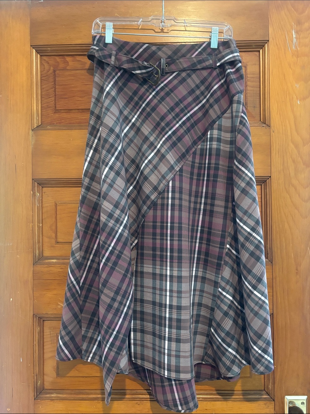 Anthropologie Asymmetrical Plaid Wrap Skirt - Brown & Burgundy